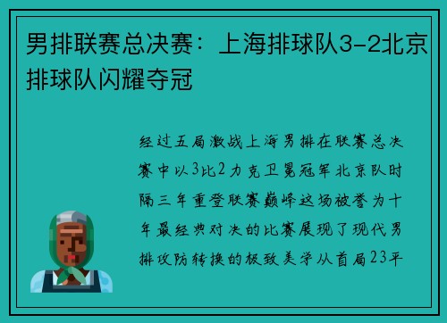 男排联赛总决赛：上海排球队3-2北京排球队闪耀夺冠